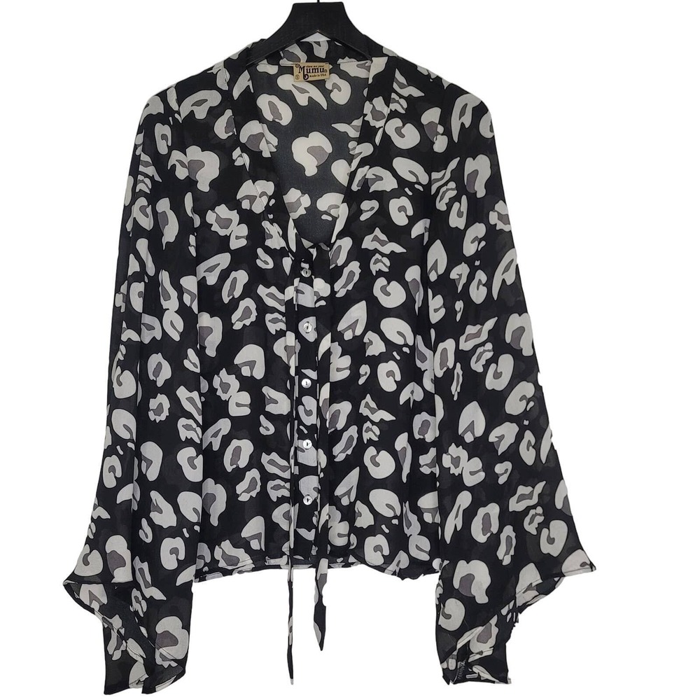 Show Me Your Mumu Brynn‎ Blouse S Black White Animal Print Bell Sleeve Tie Neck